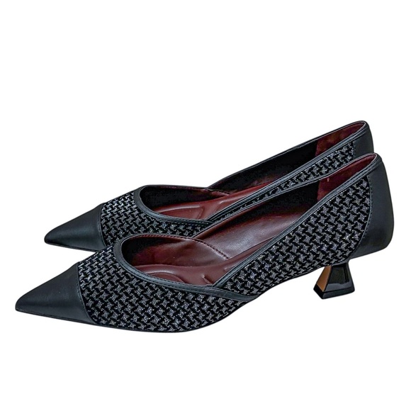Franco Sarto Darcy Pointed Toe Kitten Heel Pumps in Black Multi Woven - Picture 3 of 11